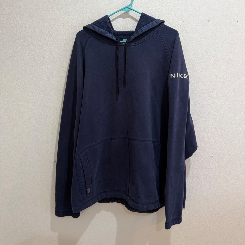 Vintage Nike Navy Blue Fleece Hoodie Embroidered Sleeve Logo Mens XXL Raglan